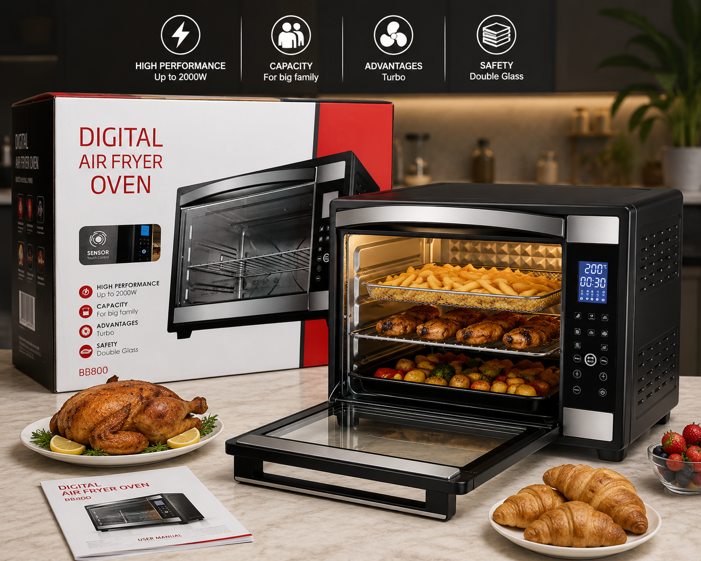 Digital Air Fryer Oven BB800 2000W with digital touch control and double glass door