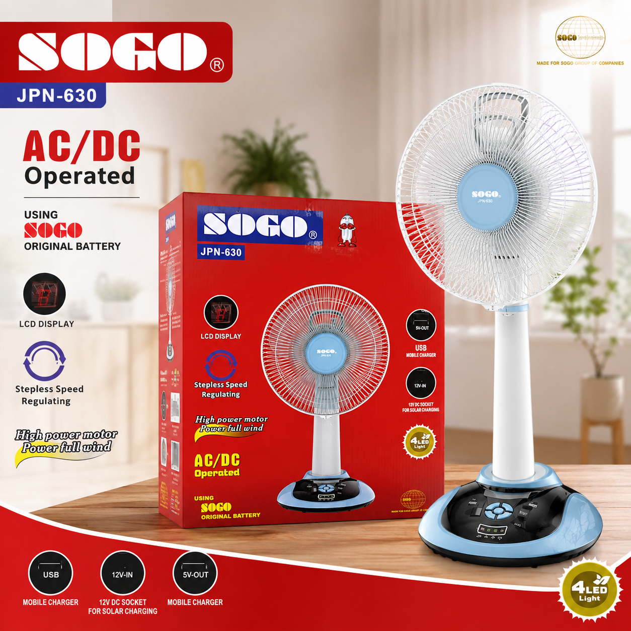 SOGO JPN-630 Rechargeable AC/DC Pedestal Fan