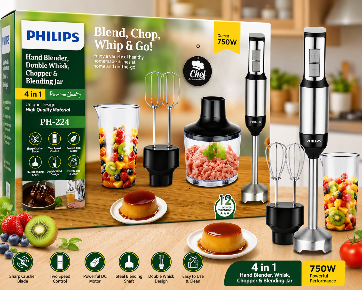 Imported PHILIPS PH-224 4-in-1 Hand Blender Set 750W with Double Whisk, Chopper and Blending Jar
