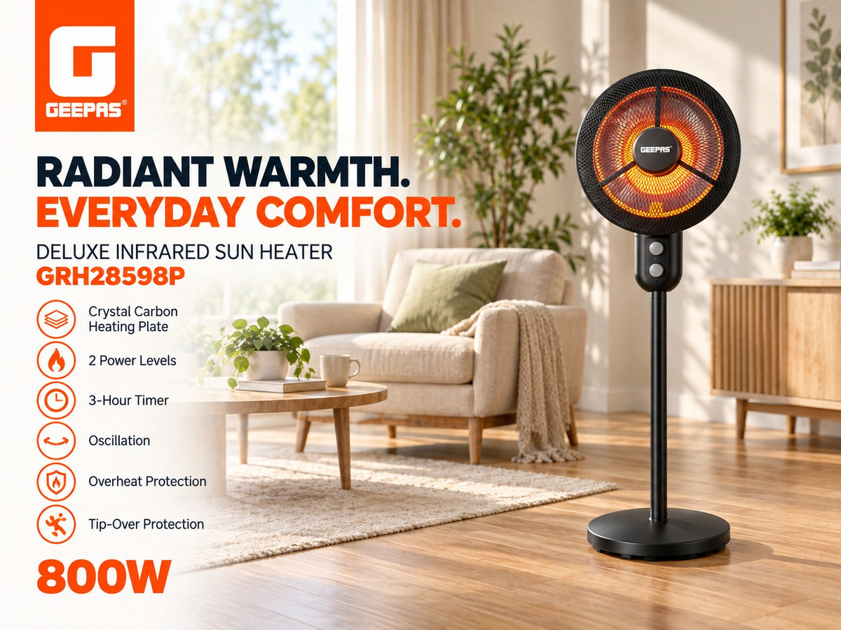 Geepas GRH28598P 800W infrared pedestal electric heater with crystal carbon heating plate, timer and oscillation