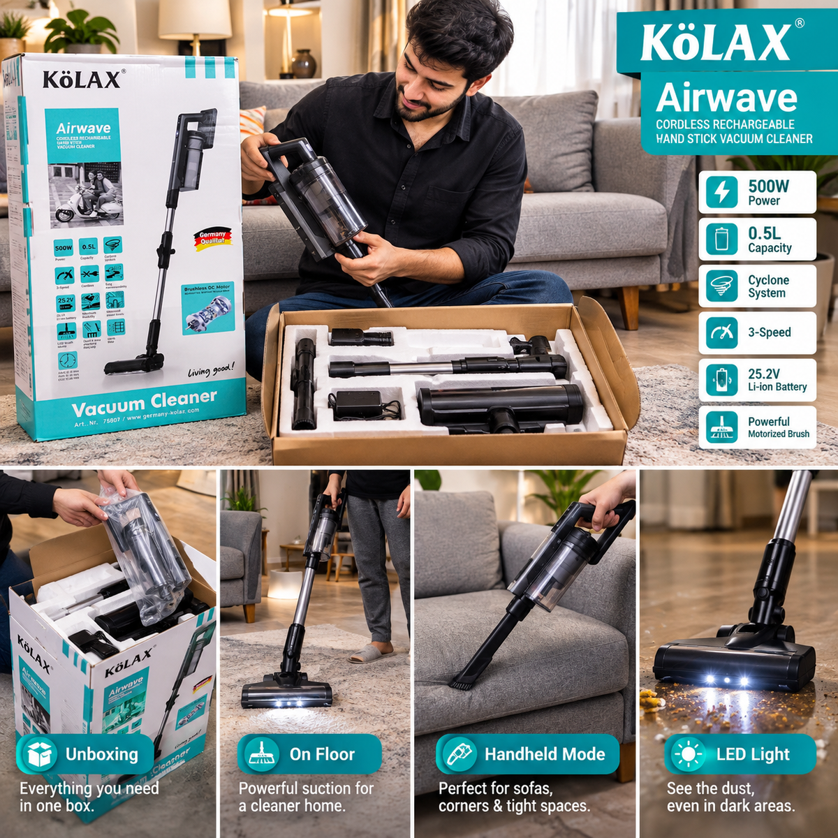 Imported KOLAX Airwave 500W cordless rechargeable stick vacuum cleaner with 25.2V battery, HEPA filter and motorized brush