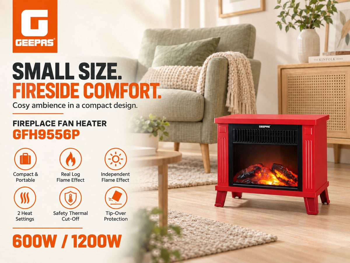 Geepas GFH9556P electric fireplace fan heater with decorative flame effect and remote control