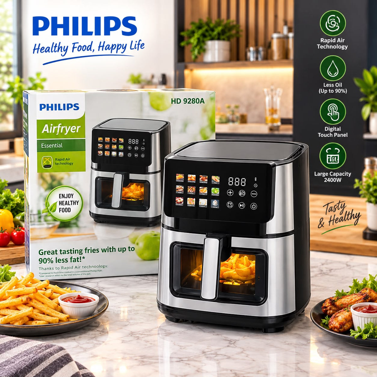Imported Philips 16L 2400W Digital Touch Screen Air Fryer with Rapid Air Technology