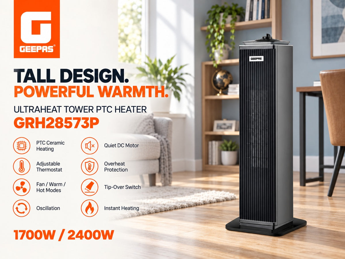 Geepas GRH28573P PTC ceramic tower fan heater with adjustable thermostat, oscillation and dual heating settings