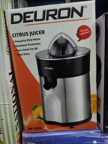 Delron DN-1405 85W electric citrus juicer with stainless steel finish, two juicing cones and overheat protection
