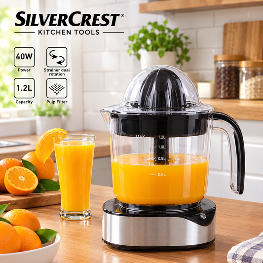 SilverCrest 40W electric citrus juicer with 1.2 litre transparent jug, dual-rotation strainer and pulp filter