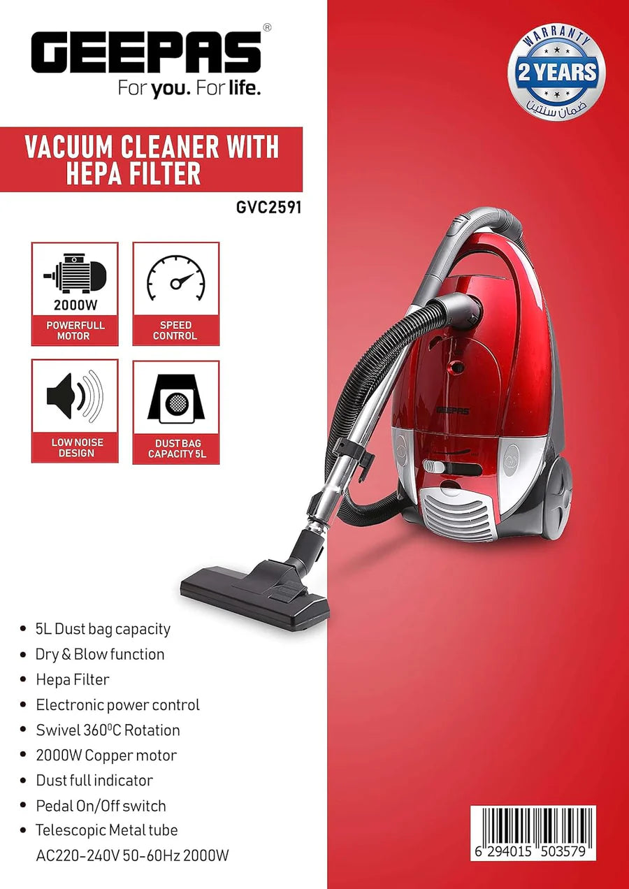 Geepas GVC2591 2000W Vacuum Cleaner Hepa Filter, 5L dust bag - Powerful Copper Motor, Dust Full Indicator Dry & Metal Tube