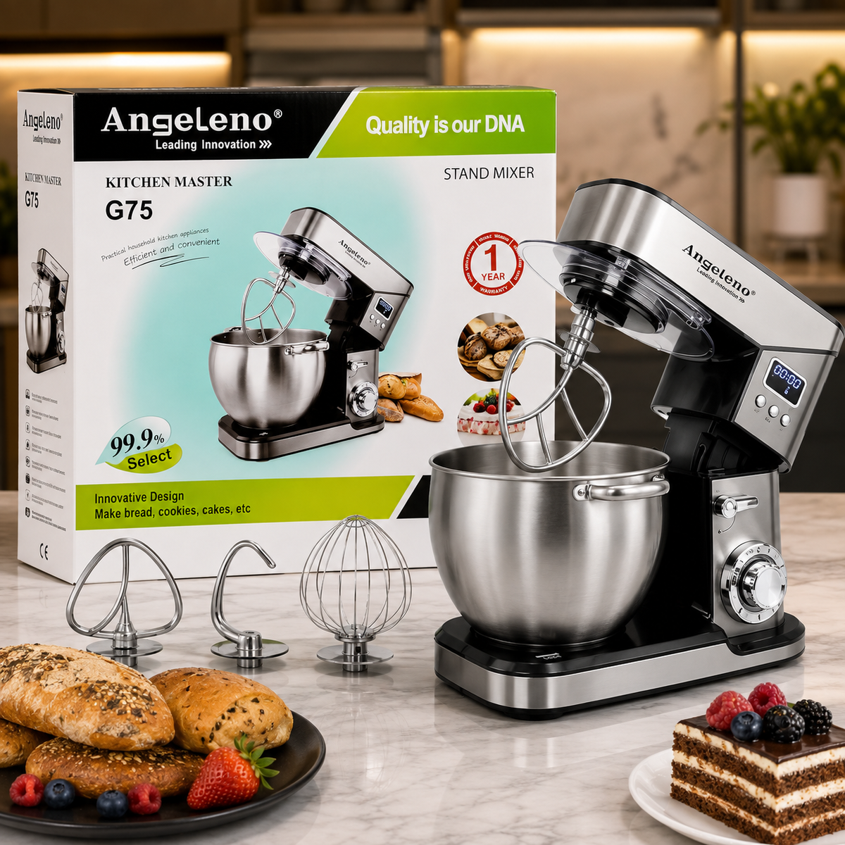 Angeleno Kitchen Master G75 Stand Mixer with Stainless Steel Bowl