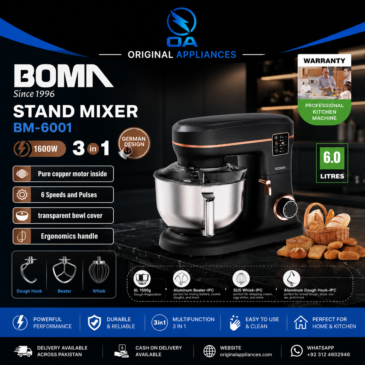 BOMA BM-6001 6L 1600W 3-in-1 Stand Mixer Dough Maker