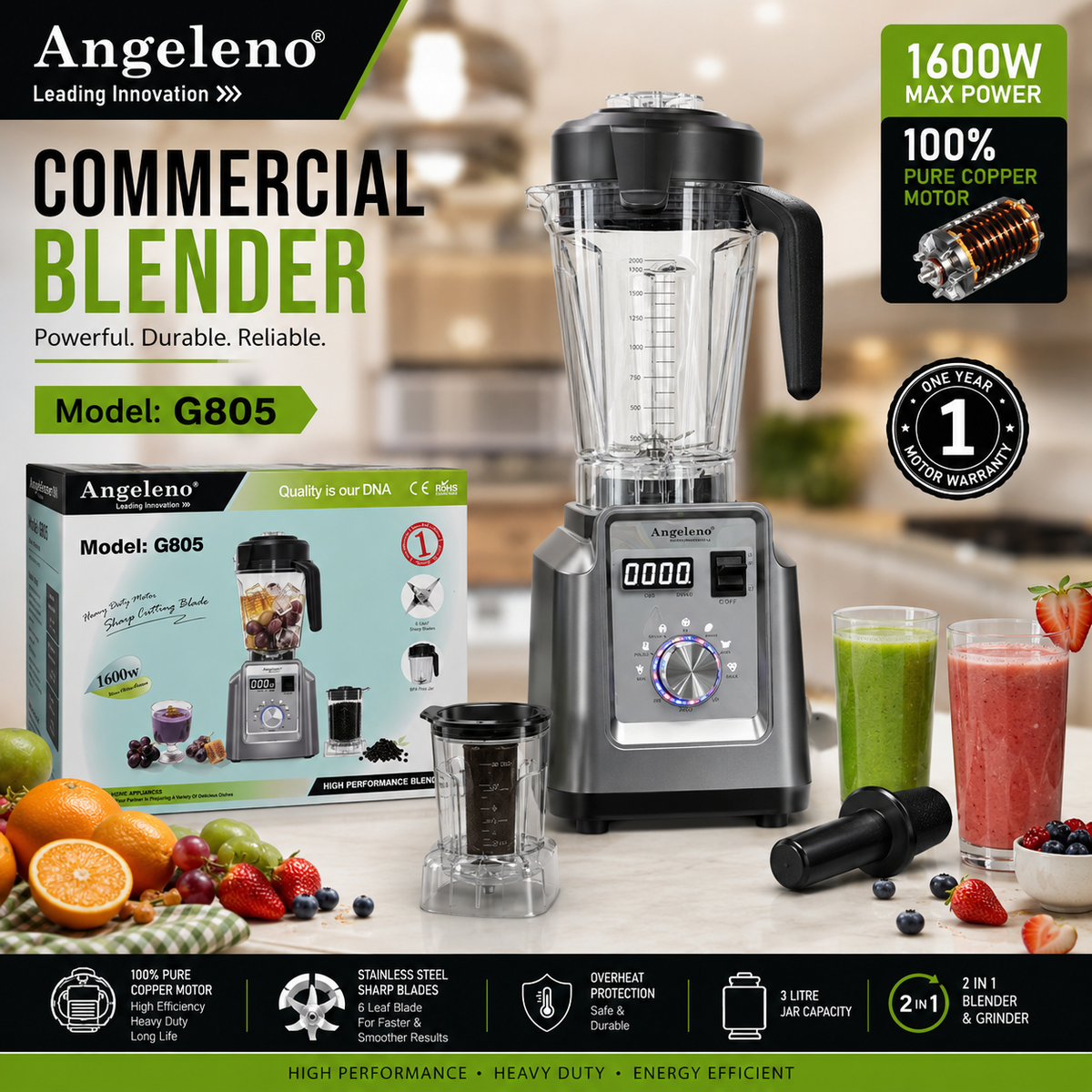Angeleno G805 1600W commercial blender with 3L jar and grinder