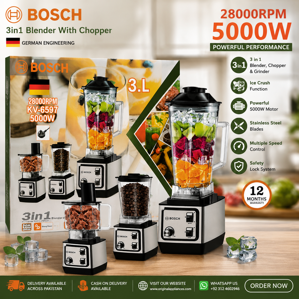 BOSCH KV-6597 5000W 3L Commercial Blender with Grinder and Chopper