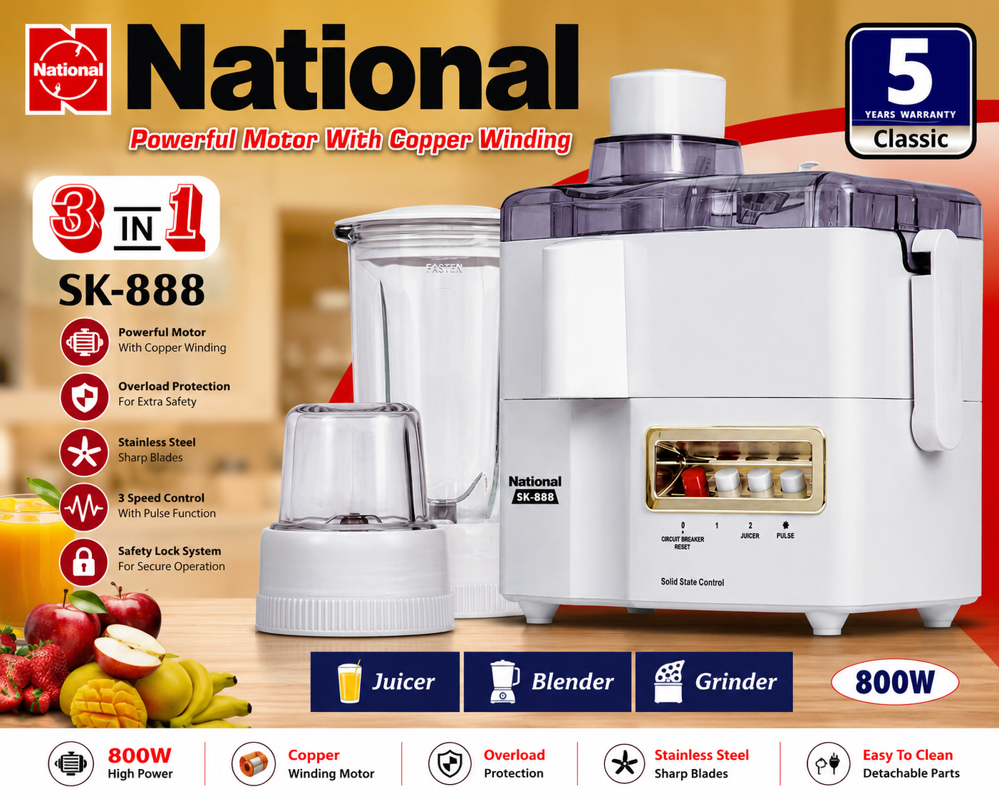 National SK-888 3-in-1 Juicer Blender Grinder 800W with Copper Winding Motor