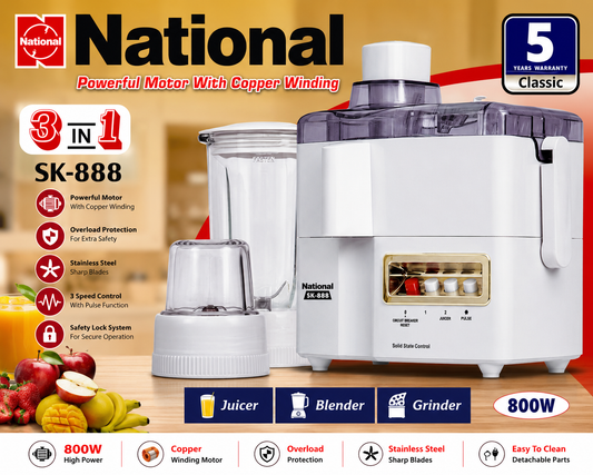 National SK-888 3-in-1 Juicer Blender Grinder 800W with Copper Winding Motor