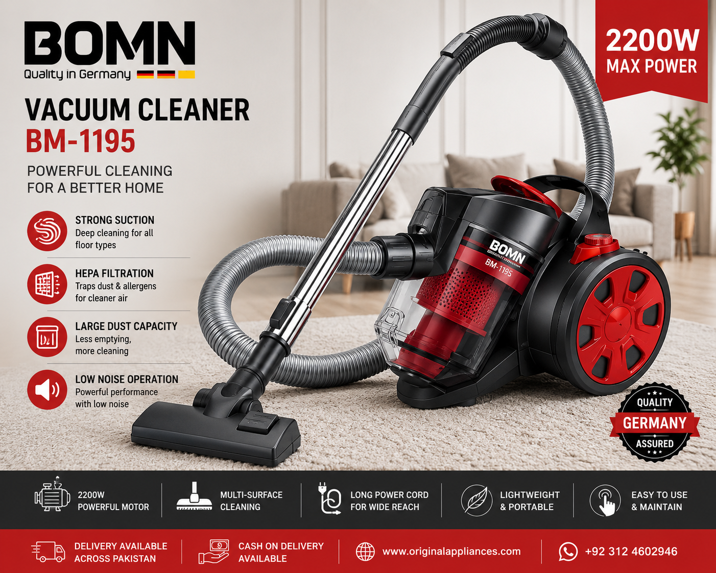 Imported BOMN BM-917 Bagless Vacuum Cleaner 2200W with Cyclonic Suction and High-Efficiency Filtration