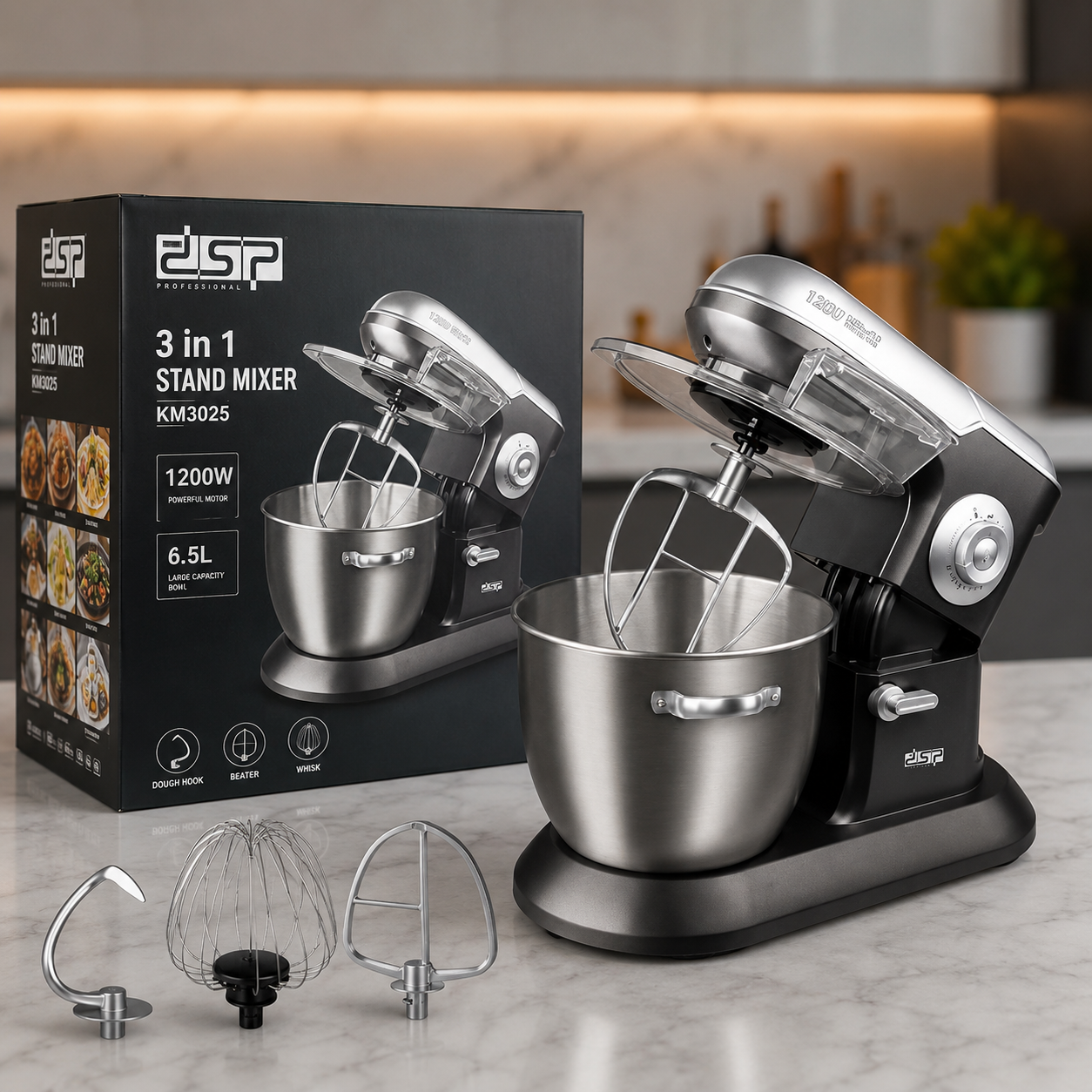 Imported DSP KM3025 3-in-1 Stand Mixer 1200W with 6.5L Stainless Steel Bowl