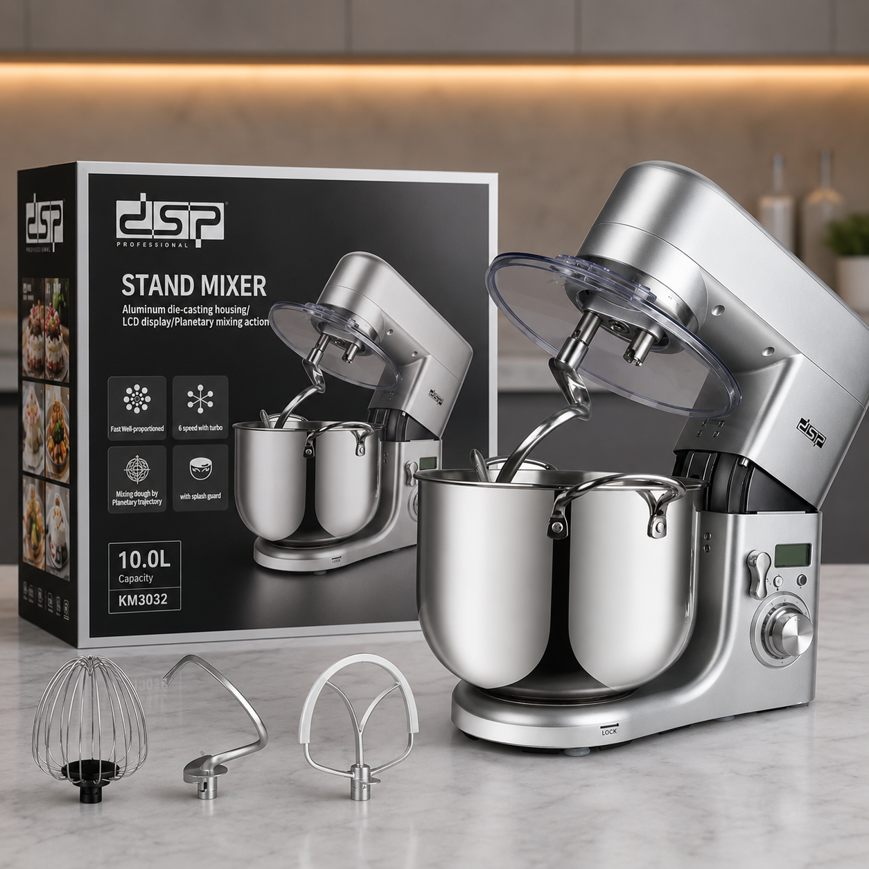 Imported DSP KM3032 10L 1500W Professional Stand Mixer with LCD Display and Stainless Steel Bowl