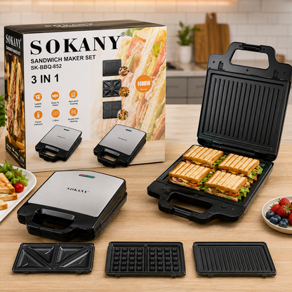 Imported Sokany SK-BBQ-852 3-in-1 Sandwich Maker, Grill and Waffle Maker with Non-Stick Plates
