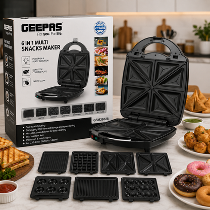 Imported Geepas GSM36528 6-in-1 Multi Snacks Maker with Interchangeable Non-Stick Cooking Plates
