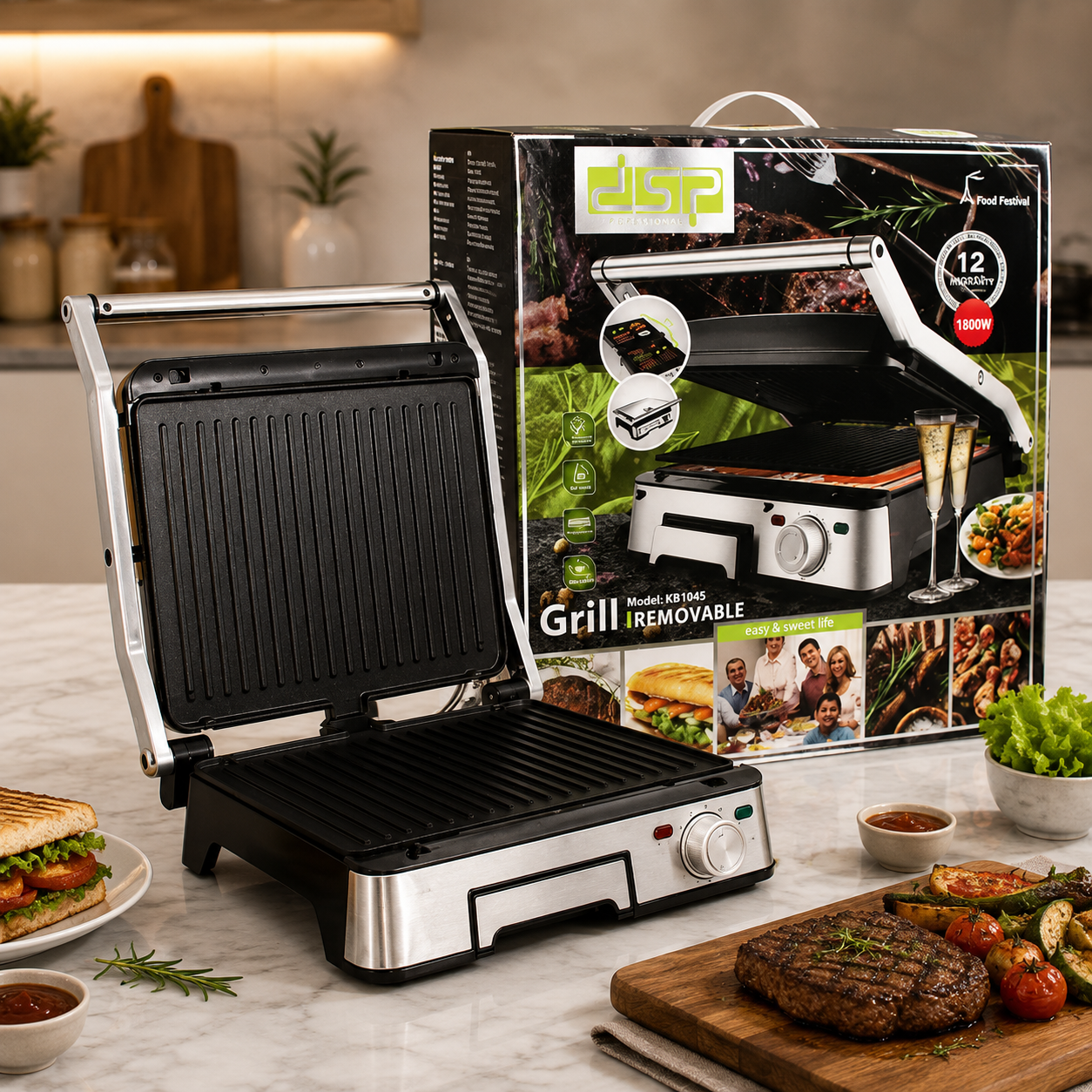 Imported DSP KB1045 Electric Panini Press Grill with Removable Non-Stick Grill Plates
