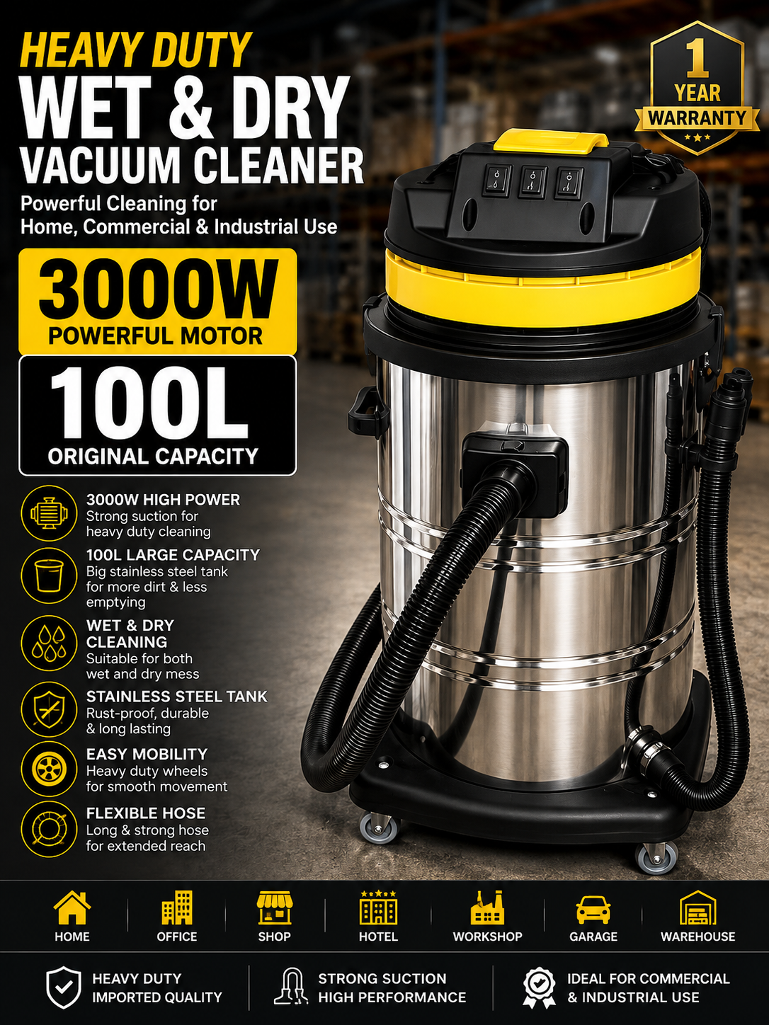 100 Liter Vacuum, 3000 Watt Vacuum, Shop Vacuum Cleaner, Workshop Vacuum Cleaner, Office Vacuum Cleaner, Hotel Vacuum Cleaner, Restaurant