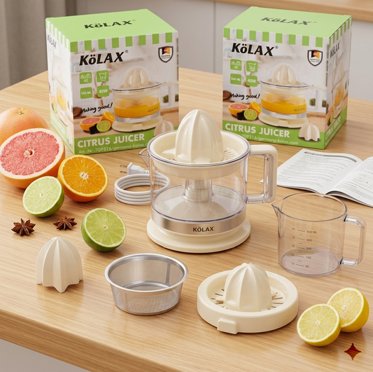 KöLAX citrus juicer set displayed on a wooden tabletop with its retail boxes, including a clear plastic juicer body, cream-colored reamer and press parts, a stainless steel strainer bowl, and a measuring cup. Fresh citrus fruits and limes are arranged around the product.