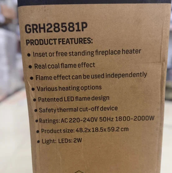 Close-up of a brown cardboard product box showing printed text with model number GRH28581P and product features for a fireplace heater.