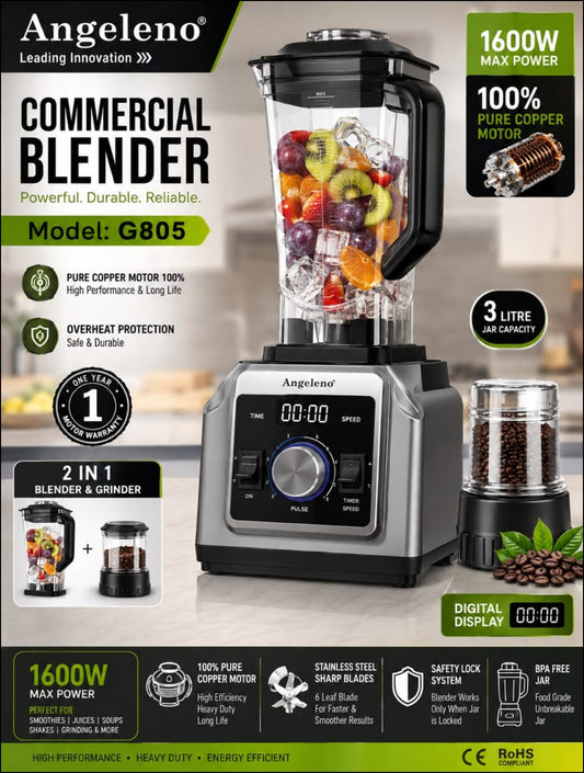 Angeleno G805 1600W Commercial Blender with 3L Jar and Grinder