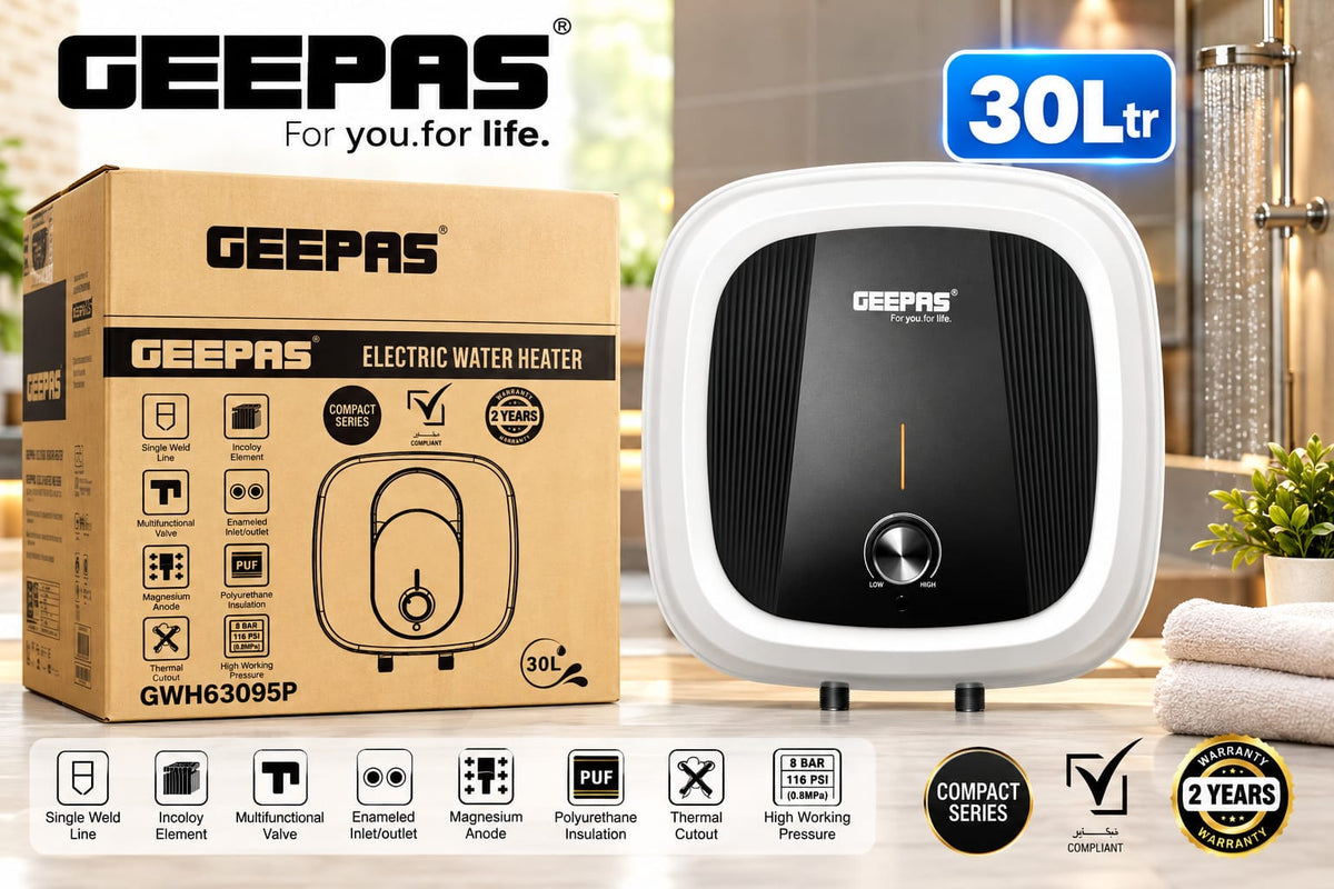 Geepas GWH63095P 30 litre electric water heater geyser with compact design and product box
