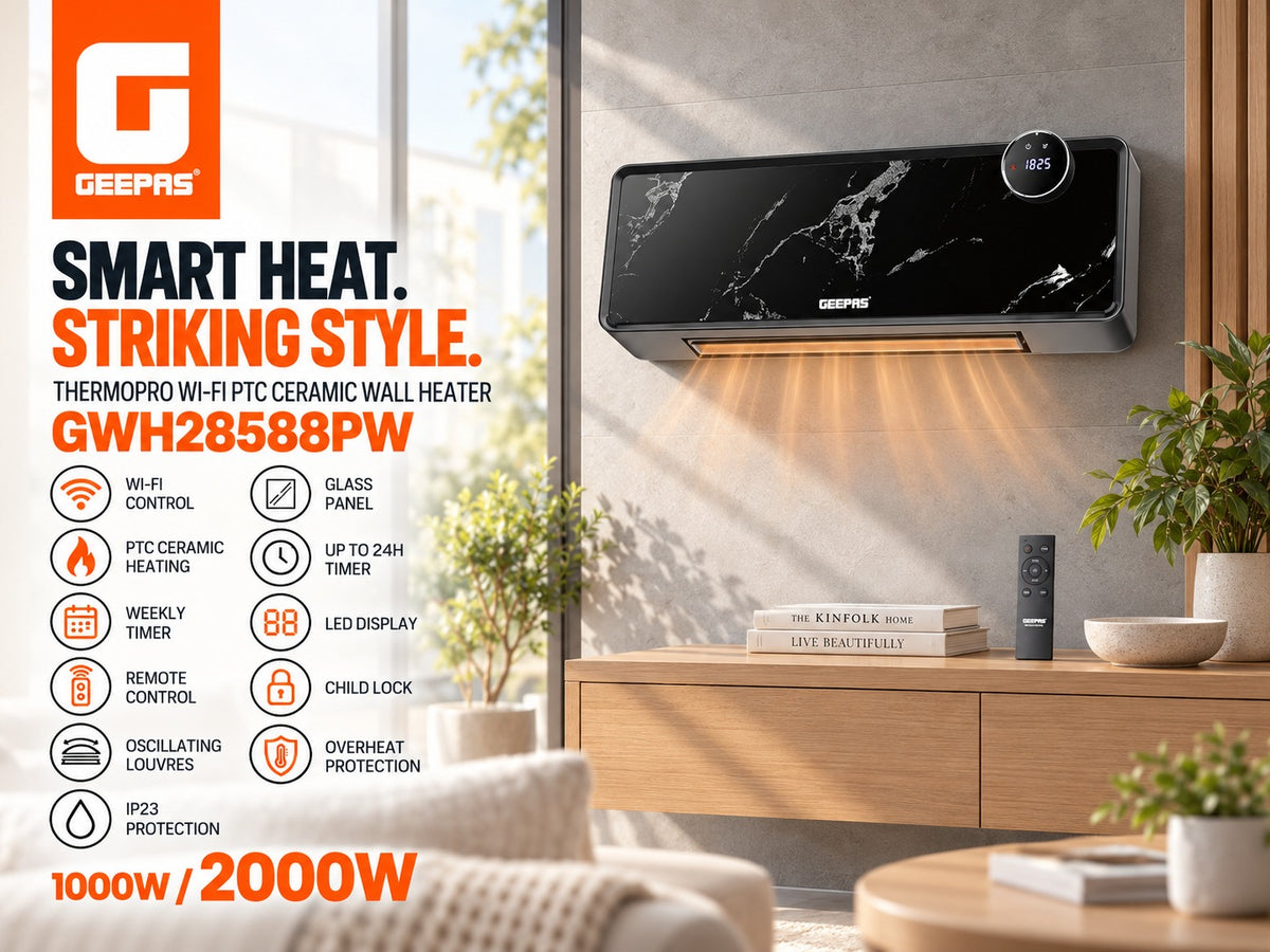 Geepas, GWH28588PW, Geepas GWH28588PW, ThermoPro Heater, WiFi Wall Heater, Smart Wall Heater, PTC Ceramic Heater, Ceramic Wall Heater, Electric Wall Heater, Wall Mounted Heater, 2000W Heater, 1000W Heater, Glass Panel Heater, Remote Control Heater, LED Display Heater, Weekly Timer Heater, Child Lock Heater, Overheat Protection, Winter Appliances, Heaters Pakistan, Original Appliances