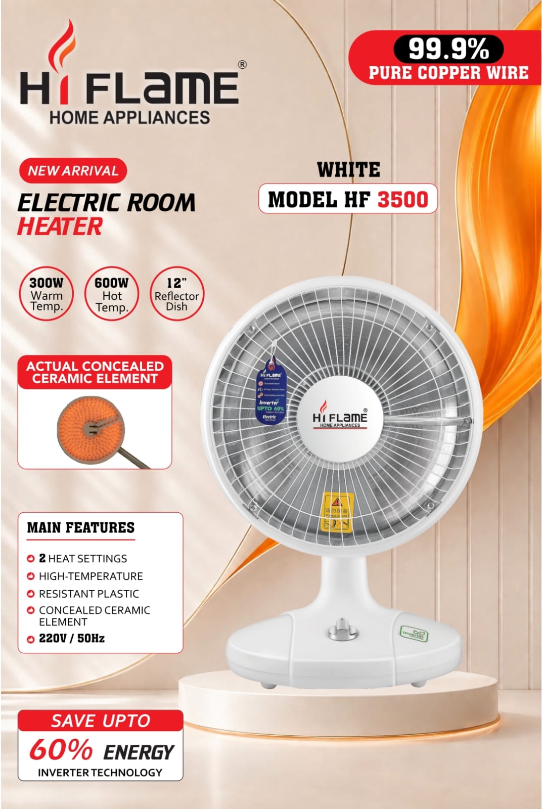 Hi Flame 600W electric heater with concealed ceramic element