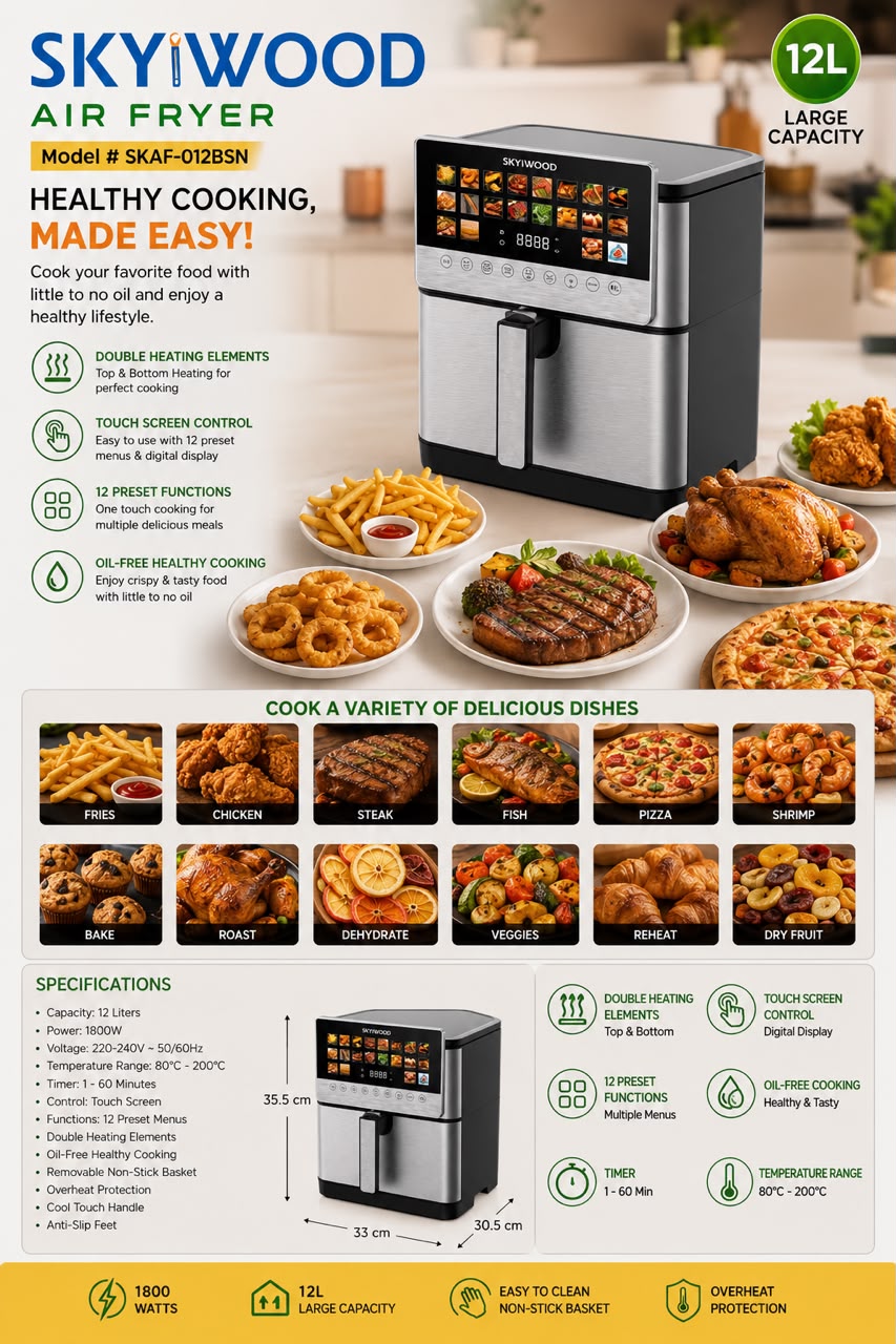 Skywood 12 liter 1800W air fryer with product box
