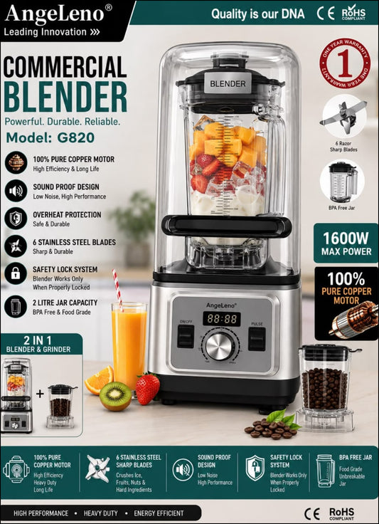 AngelLeno G820 1600W Soundproof Commercial Blender with 2L BPA-Free Jar, Pure Copper Motor, 6 Stainless Steel Blades and Grinder