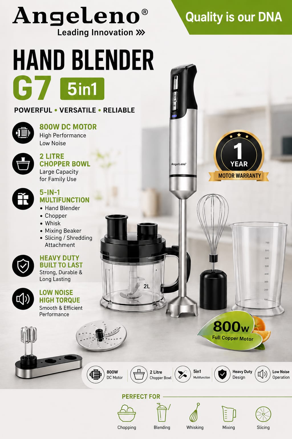 AngeLeno, G7, Hand Blender, 5 in 1 Blender, Kitchen Appliances, Electric Blender, Chopper, Whisk, Mixing Beaker, Food Processor, Blender Pakistan, 800W Blender, Copper Motor, Home Kitchen, Original Appliances