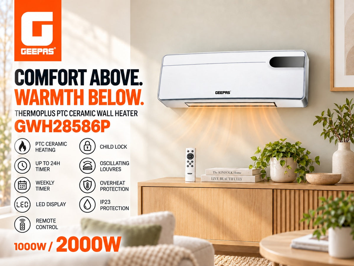 Geepas, Geepas Heater, GWH28586P, Geepas GWH28586P, PTC Ceramic Heater, Ceramic Wall Heater, Electric Wall Heater, Wall Mounted Heater, 2000W Heater, 1000W Heater, Room Heater, Electric Room Heater, Remote Control Heater, LED Display Heater, ThermoPlus Heater, Winter Appliances, Home Heating, Electric Heater Price in Pakistan, Heaters Pakistan, Original Appliances