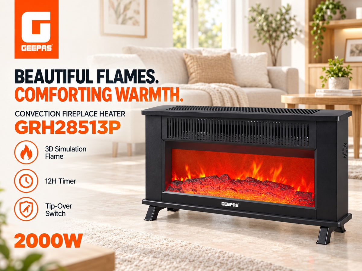 Geepas GRH28513P flame effect electric heater with decorative fireplace-style design