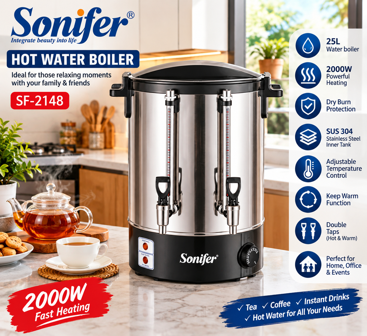 Sonifer SF-2148 25L 2000W stainless steel hot water boiler with dual taps and external water level gauge.