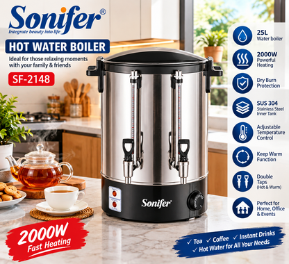 Sonifer SF-2148 25L 2000W stainless steel hot water boiler with dual taps and external water level gauge.