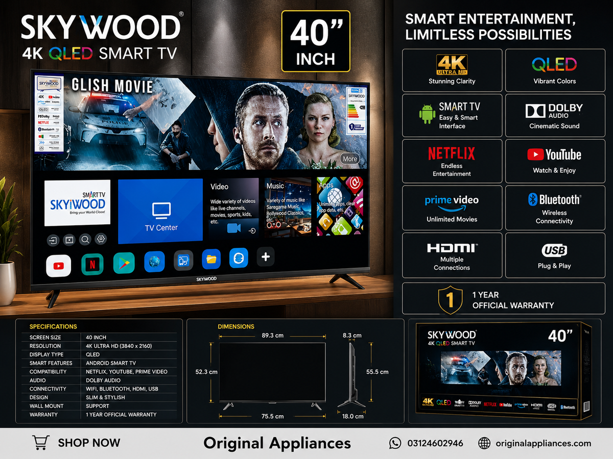 SKYWOOD 40 Inch 4K QLED Smart TV with Netflix, YouTube, Prime Video, Dolby Audio, Bluetooth, Wi-Fi, HDMI and USB – Original Appliances Pakistan