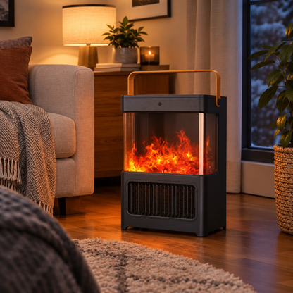 YND-BL-02 portable electric fireplace heater with flame effect and adjustable thermostat