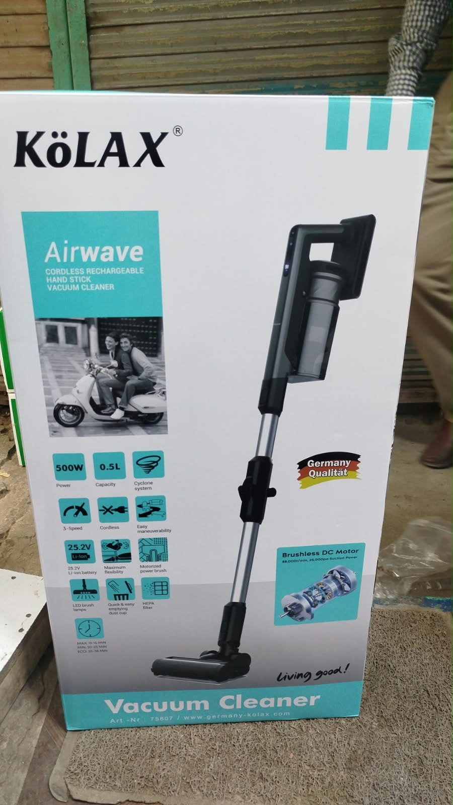 KOLAX Airwave 500W cordless rechargeable stick vacuum cleaner with 25.2V battery, HEPA filter and motorized brush