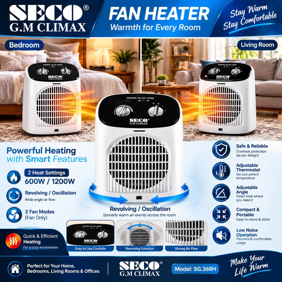 SECO G.M CLIMAX SG369H 1200W revolving electric fan heater with adjustable thermostat for home and office use