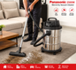 Panasonic 2500W 25L stainless steel wet and dry vacuum cleaner with blower function and attachments.