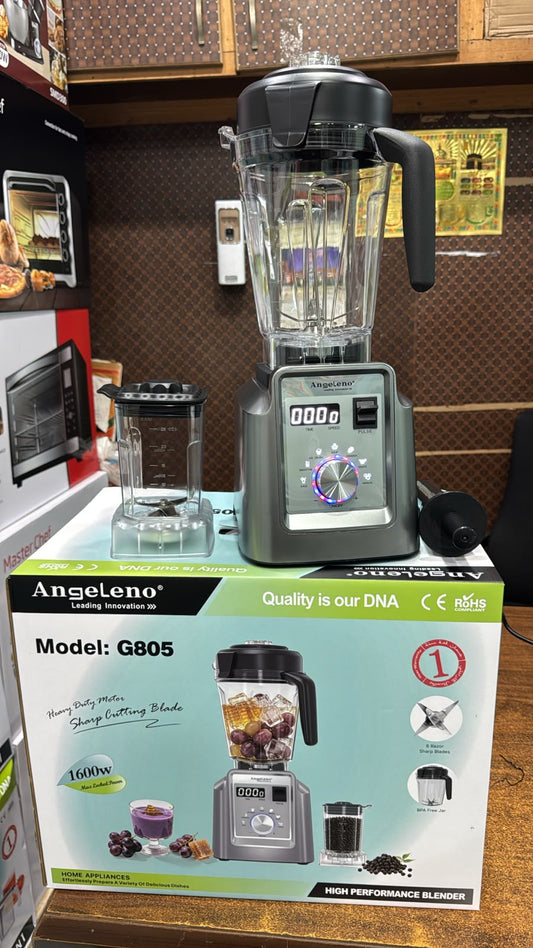 Angeleno G805 1600W commercial blender and grinder with 6 sharp blades, BPA-free jar, digital display and heavy-duty motor.
