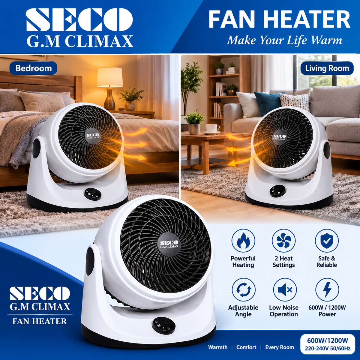 SECO G.M CLIMAX SG.894 white portable electric fan heater 600W 1200W
