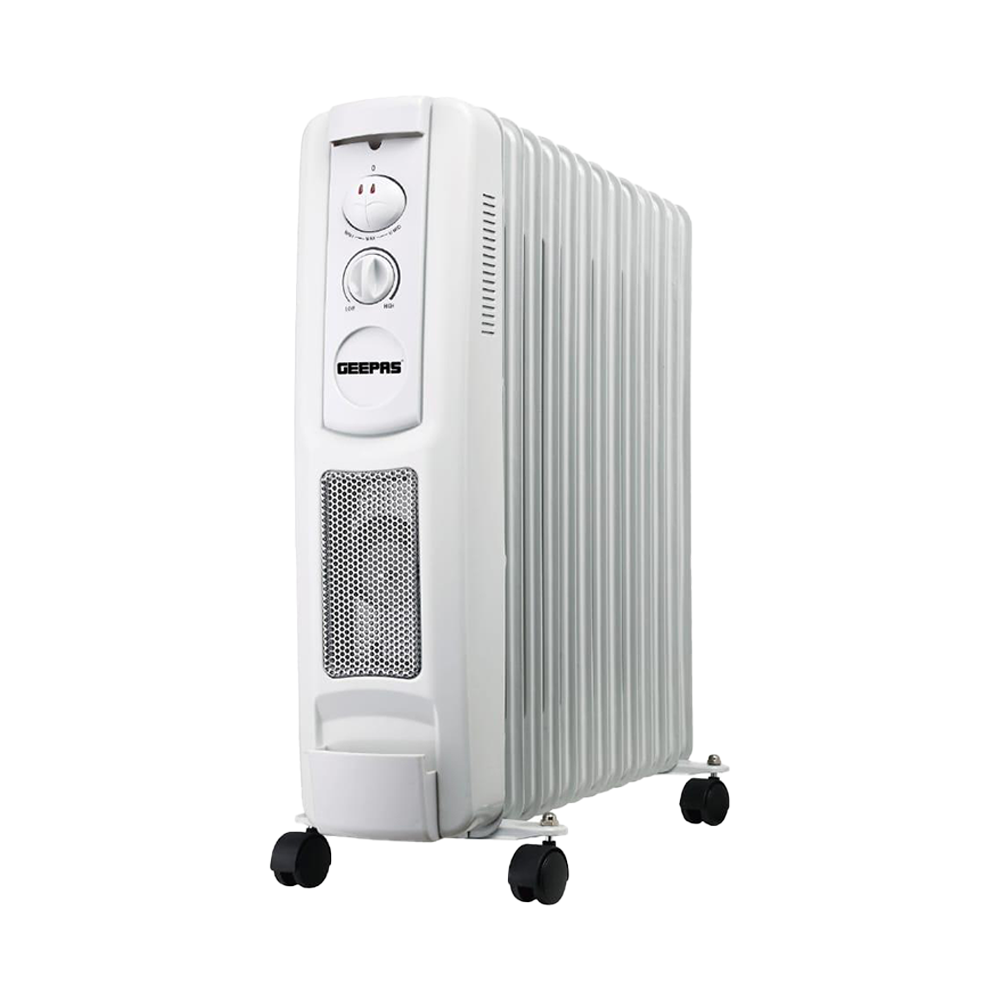 Geepas GRH91013P 13 Fin White Oil Filled Radiator Heater with Adjustable Thermostat and Castor Wheels