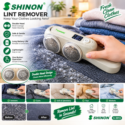 SHINON S-3913 double head lint remover and fabric shaver removing lint from clothes