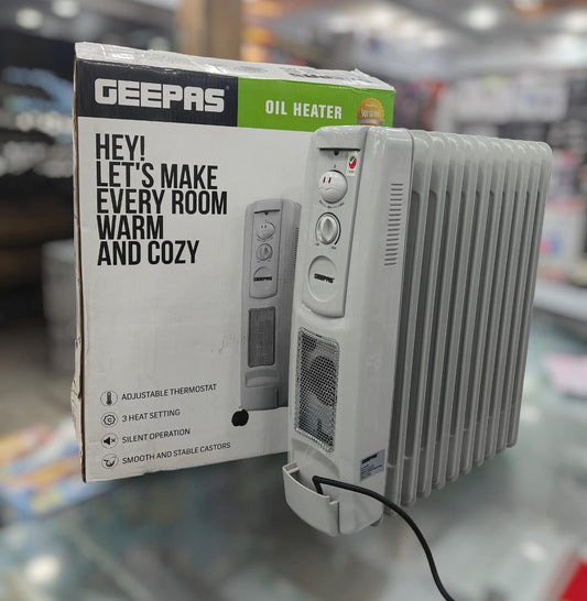 Geepas GRH91011P 11 Fin Portable Oil Filled Radiator Heater in White with Adjustable Thermostat and Castor Wheels
