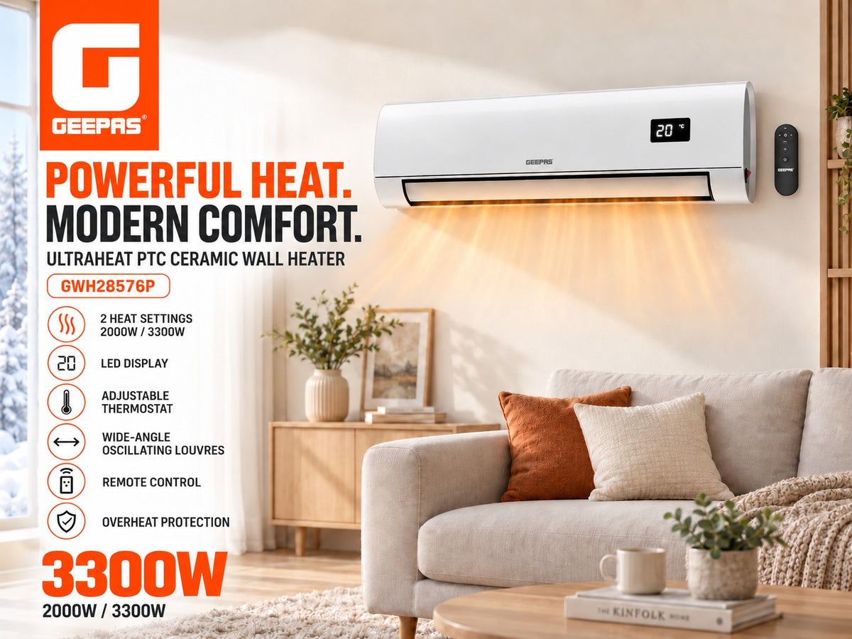 Geepas GWH28576P 3300W PTC Ceramic Wall Heater with Remote Control, LED Display, Adjustable Thermostat, Dual Heat Settings 2000W and 3300W, Oscillating Louvers and Overheat Protection for Home Heating.