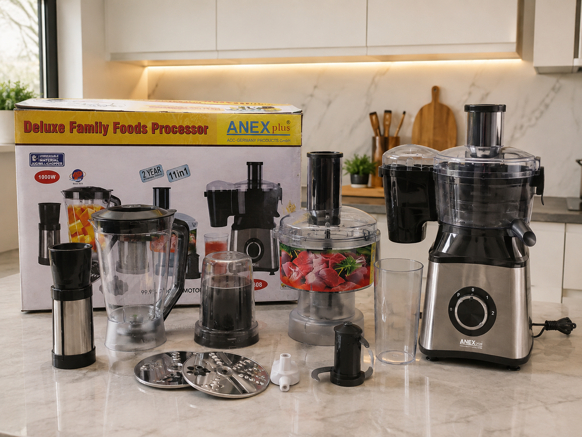 ANEX 1000W 11-in-1 Deluxe Family Food Processor with multiple kitchen attachments