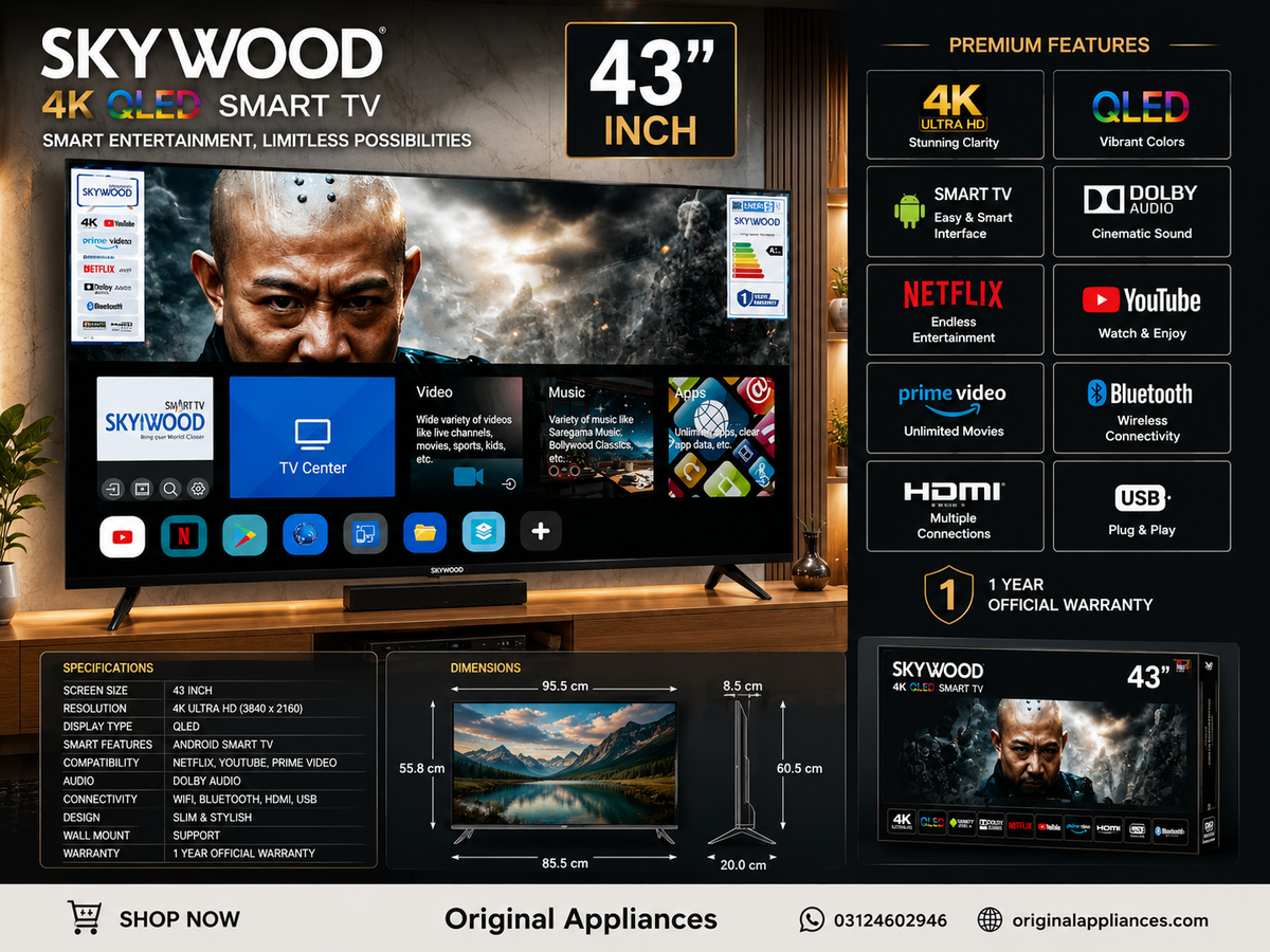 SKYWOOD 43 Inch 4K QLED Smart TV with Netflix, YouTube, Prime Video, Dolby Audio, Bluetooth and Wi-Fi – Original Appliances Pakistan